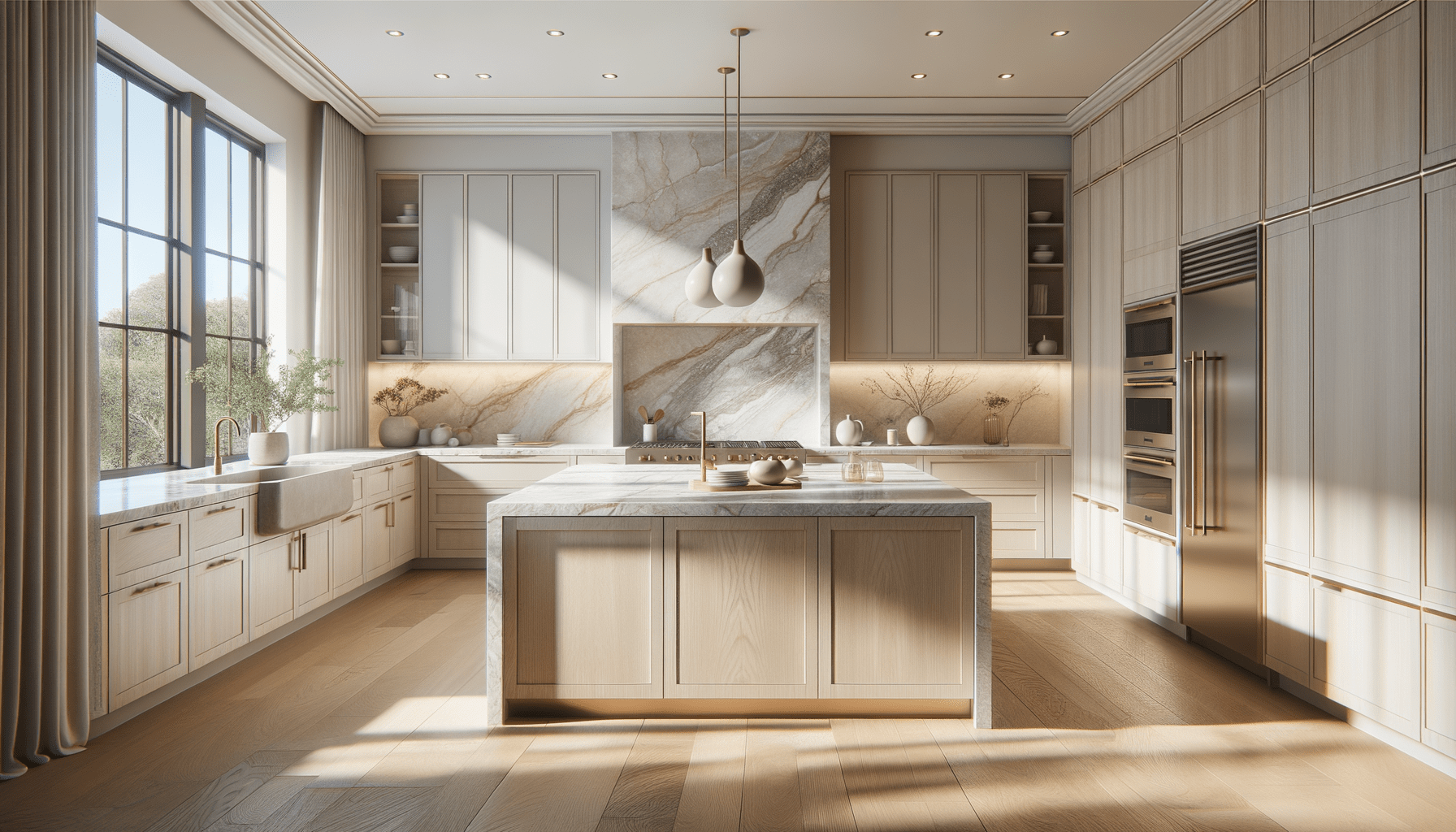 Dallas Transitional Kitchen with White Oak and Taj Mahal Quartzite